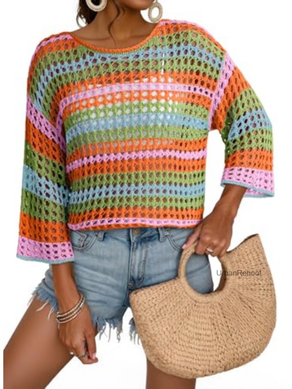 Women's Crochet Hollow Out 3/4 Sleeve Sweater Pullover Color Block Striped